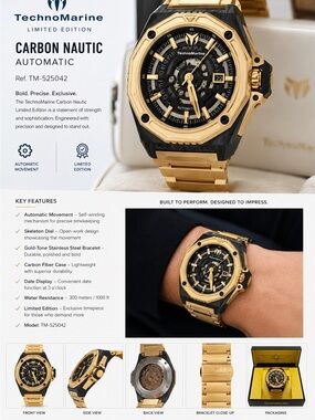 Technomarine Gold and Black Carbon Nautic Automatic Skeleton Watch